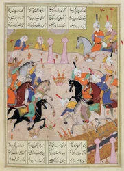 Ms d-212 En polokamp mellom et herrelag og et kvinnelag, fra Nizamis «Khamsa», ca. 1550
